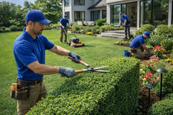 Workers trimming hedges and caring for lawn in residential garden.