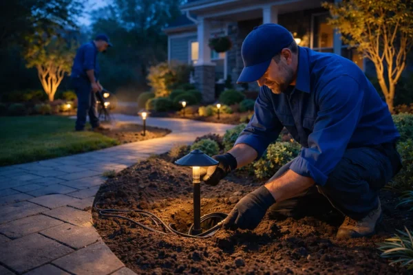 Landscaper installing outdoor pathway lighting in residential garden at night.