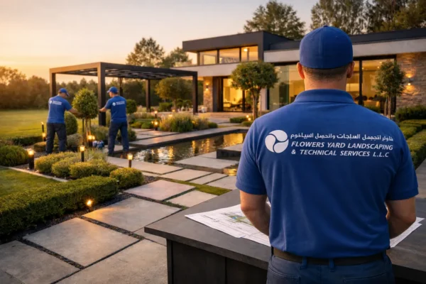 Professional landscaping technicians installing outdoor garden lighting at a modern luxury home during evening landscape maintenance.