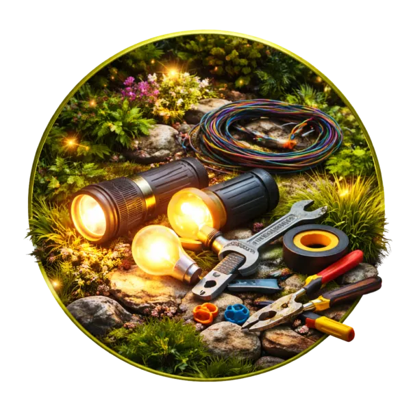 Dark urban park at night featuring palm trees highlighted with warm uplighting and a classic black decorative street lamp.