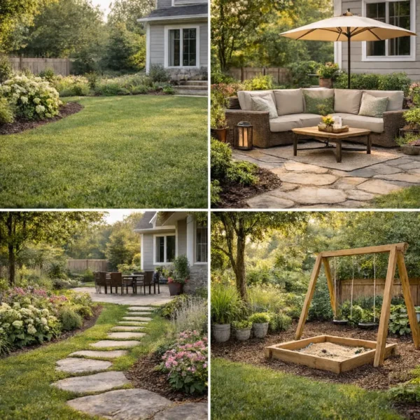 Backyard living area with stone path, outdoor seating, dining set, and sandbox surrounded by green plants and trees.