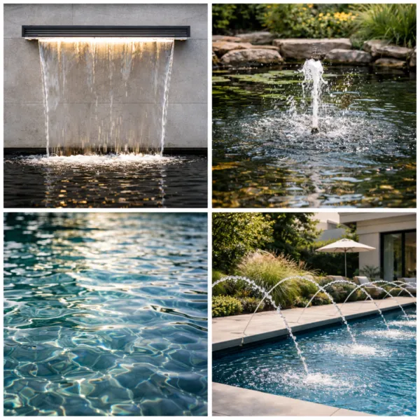 Collage of modern waterfall, fountain jet, pool water surface, and decorative pool jets designed for easy maintenance.