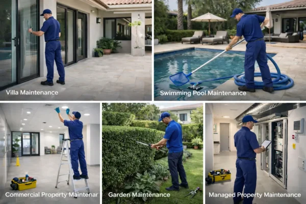 Technician providing villa maintenance, swimming pool cleaning, commercial property maintenance, garden trimming, and managed property services in a modern residential setting.