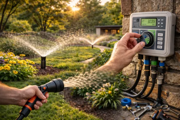 Hand adjusting an automatic irrigation controller while holding a garden hose, with sprinklers watering a landscaped lawn.