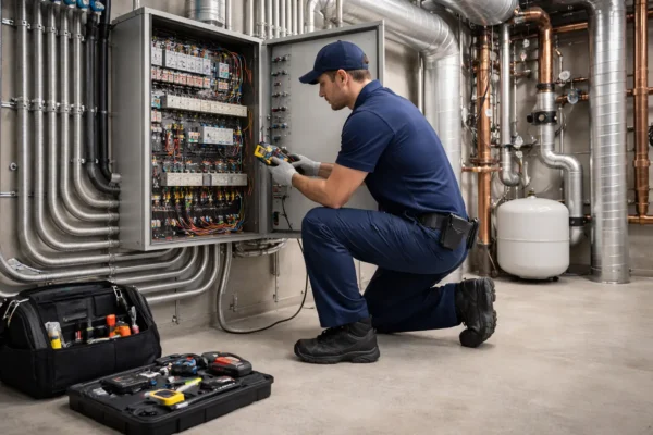 Technician working on MEP system, inspecting electrical connections inside a control panel with tools.