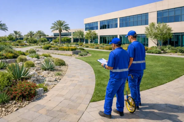 High-angle view of a modern villa with stone paving, a narrow water feature, and palm trees.