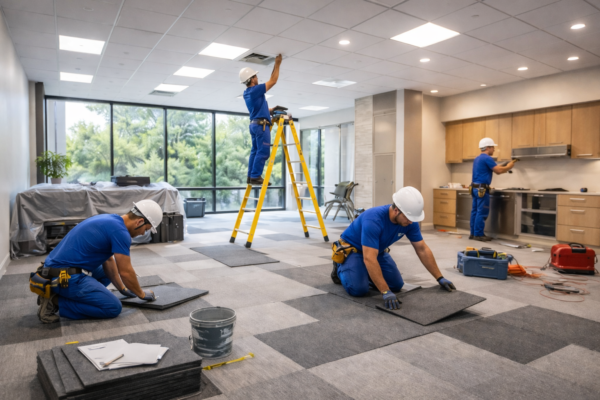 Office renovation in progress, with workers installing carpet tiles, working on ceiling installation, and setting up kitchen areas in a bright, modern office.