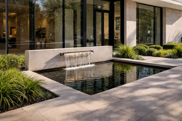 Modern entrance with rectangular pond and wall-mounted waterfall feature outside a contemporary building.