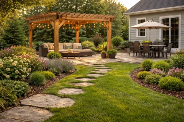 Backyard patio with wooden pergola, stone path, and garden.