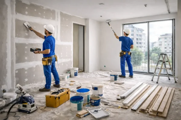 Construction workers painting and finishing walls in a renovated room, with tools and materials such as paint buckets and drywall visible.