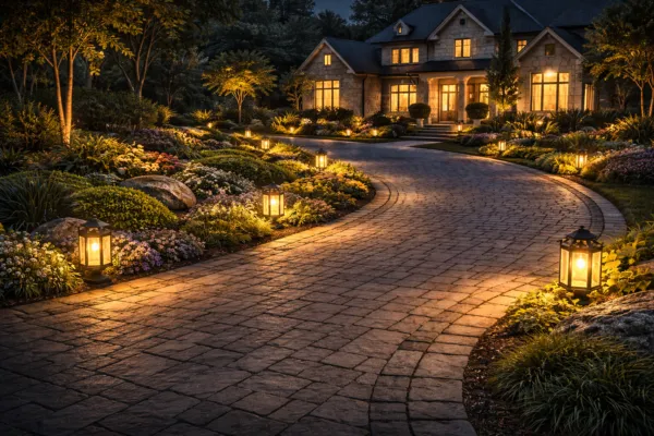 Cobblestone driveway at night lined with decorative warm lanterns and colorful garden flowers leading to a stone house.
