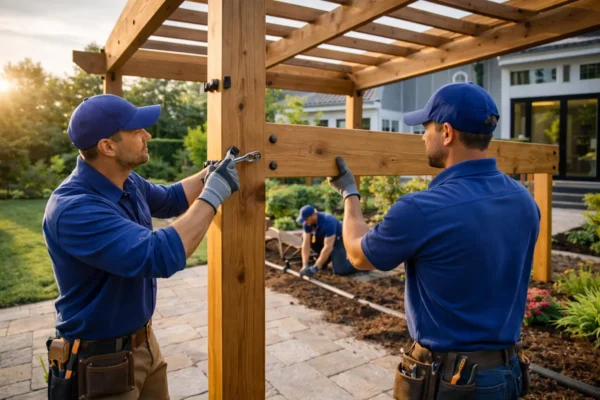 Technicians assembling wooden pergola in landscaped residential garden.