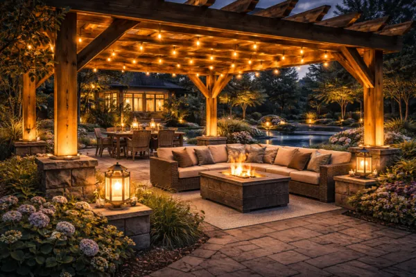Nighttime patio with a wooden pergola, hanging Edison bulb string lights, a fire pit table, and outdoor sofas surrounded by garden lanterns.