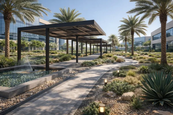Modern landscape design with shaded walkways, tropical plants, and a water feature in a professional outdoor space.
