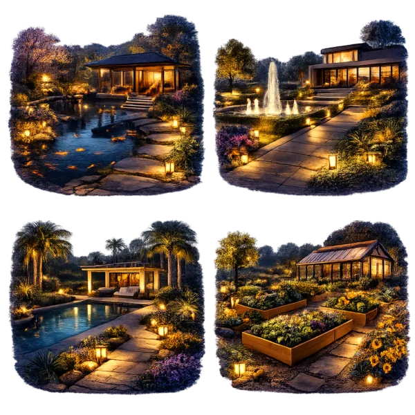 Collage of four illuminated outdoor scenes including a pond, fountain, pool area, and greenhouse with warm decorative path lights