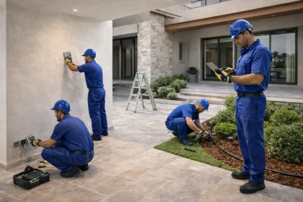 Workers handling electrical work and landscaping outside a modern residential house.