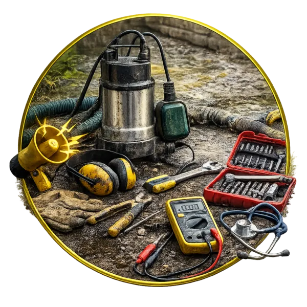 Submersible water pump with electrical tools, multimeter, and repair kit placed on wet ground for maintenance work.