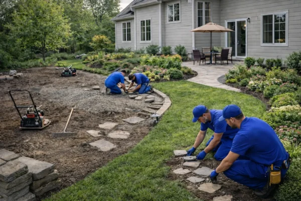 Workers in blue uniforms installing stone pavers for a garden pathway in a residential backyard, with landscaping equipment in the background.