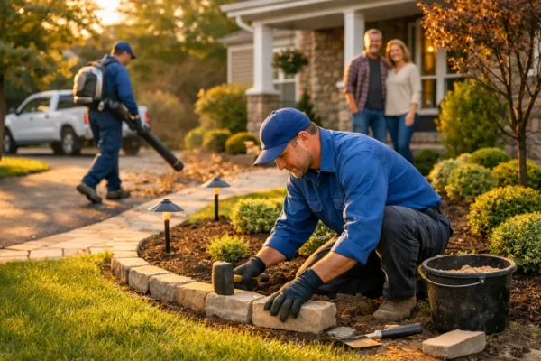 Landscaper installing garden border and maintaining lawn in residential yard.