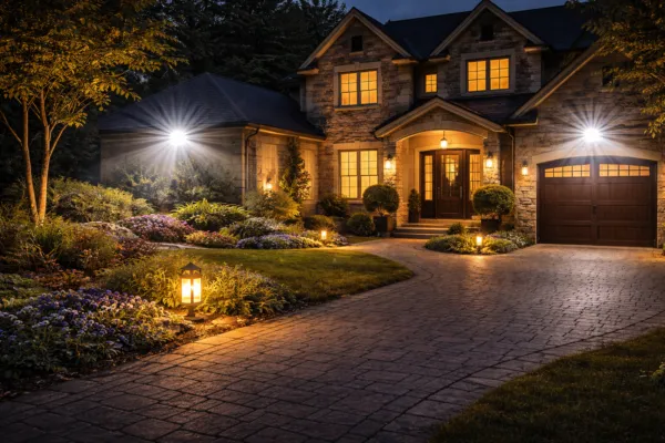 Nighttime view of a stone house with bright white security floodlights illuminating the driveway and warm yellow lanterns along the garden path