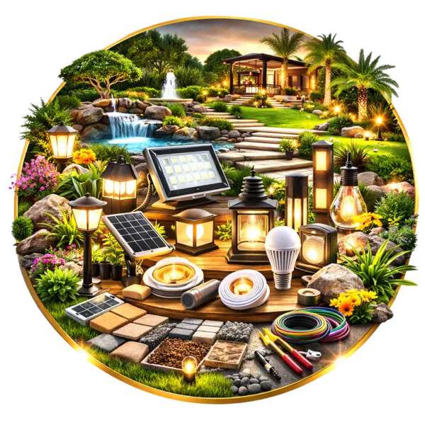 Public park at night with warm LED spotlights illuminating palm trees and a black traditional lamp post in the foreground.