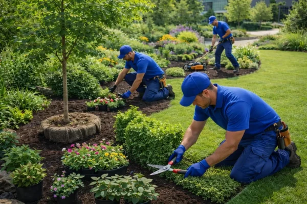 Professional landscaping team performing soft landscaping services, planting flowers, trimming shrubs, and maintaining garden beds in a commercial outdoor space.