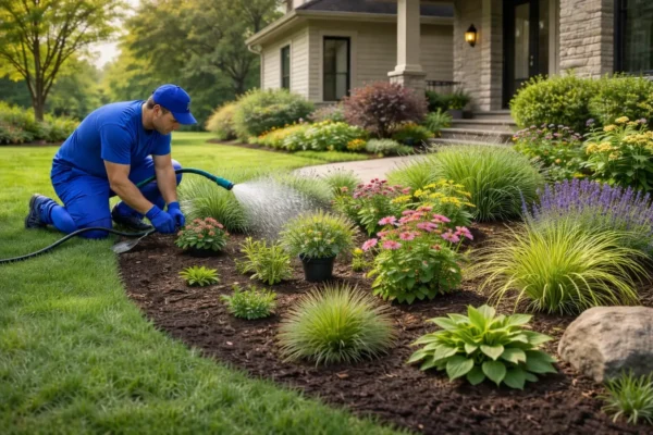 Modern villa with stone paving, a narrow water feature, and palm trees.