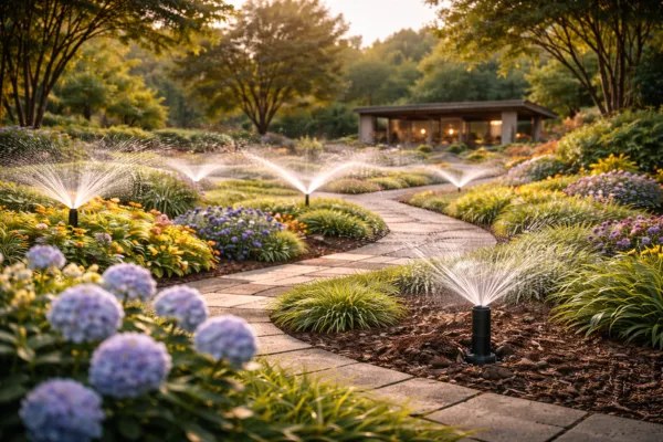 Automatic garden sprinkler system watering landscaped flower beds along a curved stone pathway.