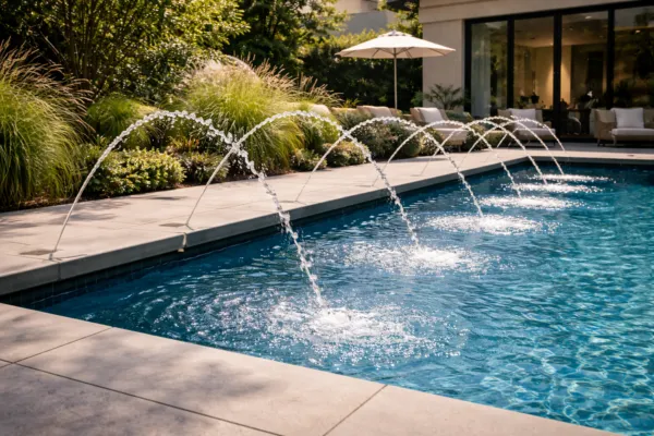 Modern swimming pool with decorative water jets arching into the pool beside a landscaped patio.