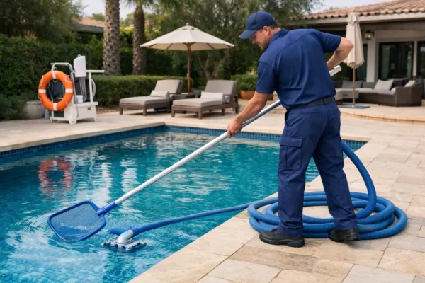 Technician cleaning a residential swimming pool with a net skimmer.