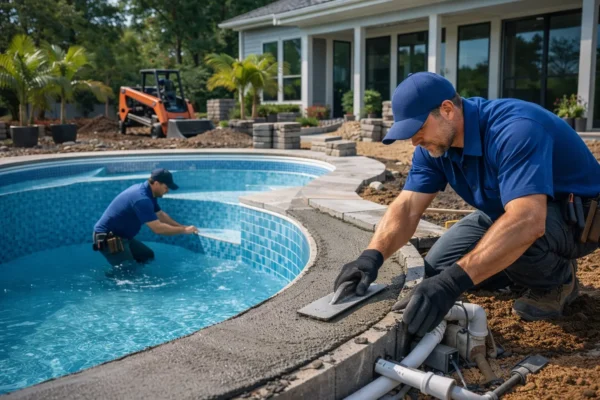 Technicians repairing and installing plumbing around residential swimming pool.