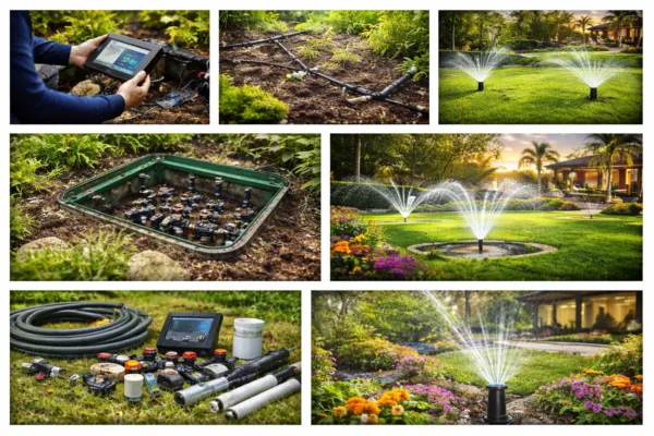 Collage of professional irrigation equipment, control valves, drip lines, and sprinkler systems watering landscaped lawns and gardens.