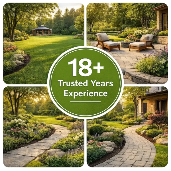 Collage of luxury residential landscaping featuring stone paths, flower beds, and a gazebo.