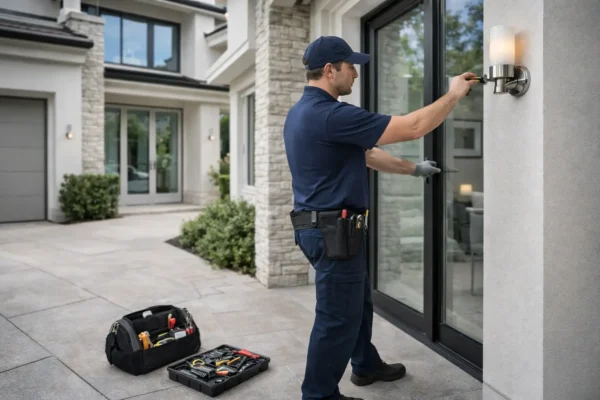 Professional maintenance worker installing an outdoor light fixture on a villa with a toolbox at his feet.