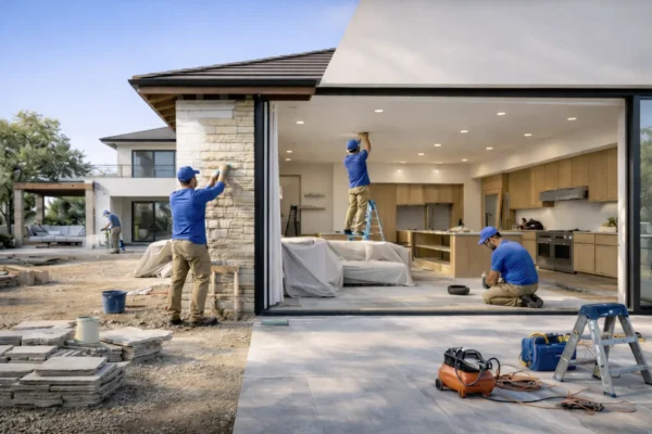 Workers renovating a villa, focusing on stone wall installation and interior enhancements, with kitchen and living areas being modernized.