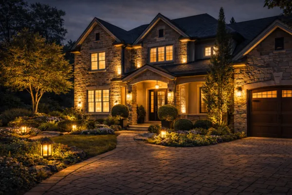 Luxury stone house at night with warm wall sconces, facade uplighting, and glowing garden lanterns along a paved driveway.