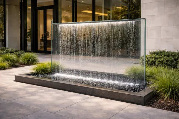 Contemporary glass wall water feature with cascading water installed at a building entrance.
