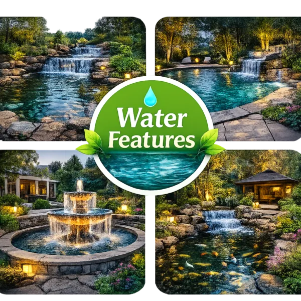 Collage of garden waterfalls, fountains, koi pond, and illuminated outdoor water features in landscaped settings.
