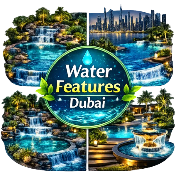 Collage of luxury waterfalls, fountains, and landscaped pools with Dubai skyline in the background.