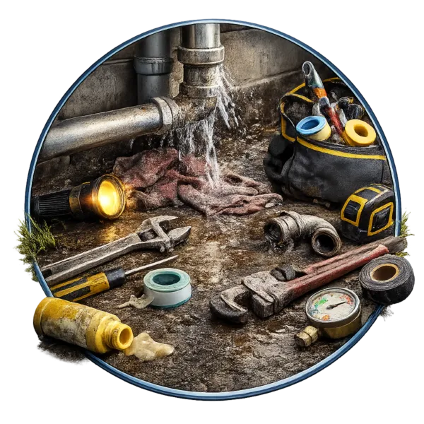 Leaking water pipe with tools, wrench, flashlight, and repair materials placed on wet ground for plumbing maintenance.