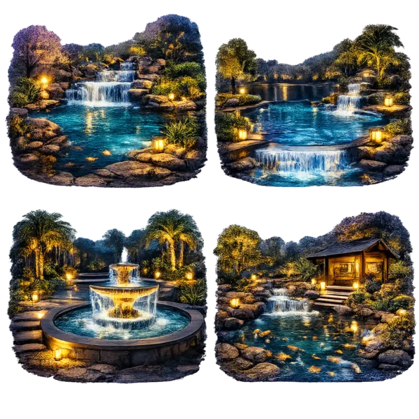 Illuminated garden waterfalls and fountain features at night in landscaped outdoor settings.
