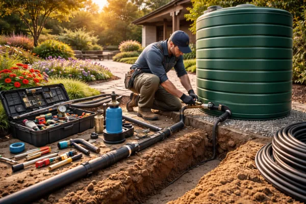 Technician installing a green water storage tank connected to underground irrigation pipes in a landscaped garden.
