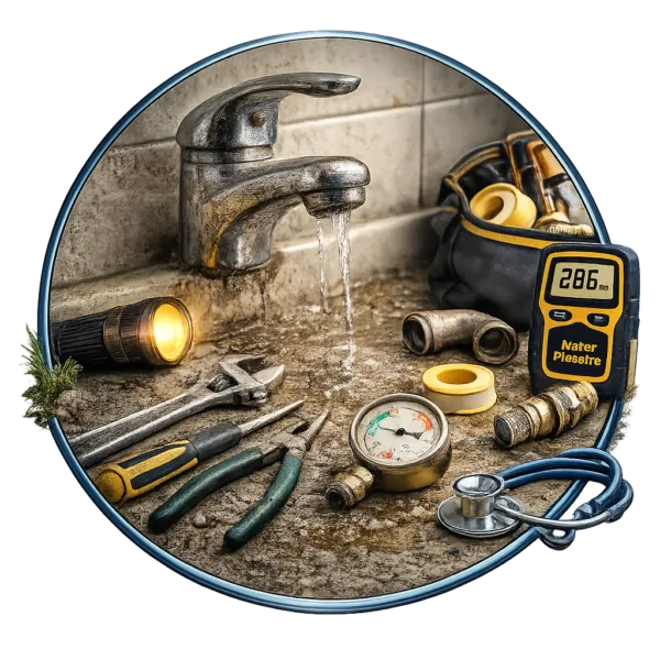 Leaking faucet with low water pressure beside pressure gauge, tools, and plumbing equipment for inspection.