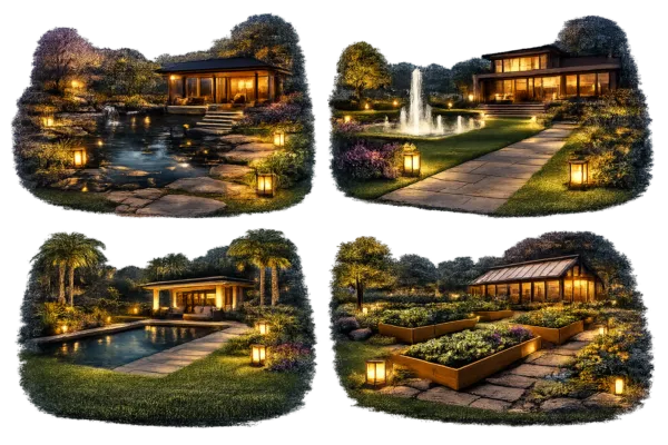 Collection of landscaped gardens with lawns, water features, pathways, and warm outdoor lighting around modern homes