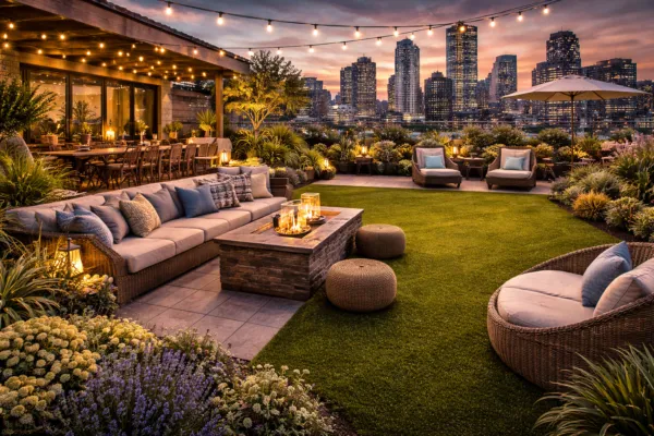 Modern rooftop garden with seating area, string lights, greenery, and city skyline view during evening