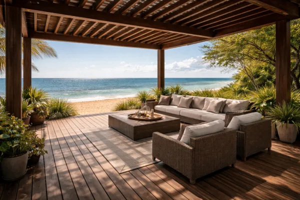 Wooden pergola with seating area on deck overlooking beach and sea view