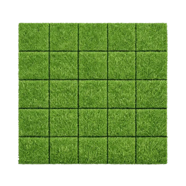 Square artificial grass tiles arranged in a grid pattern showing uniform texture and green surface