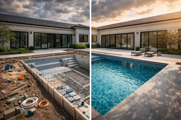Split image showing a backyard pool under construction on the left and a completed modern swimming pool on the right.
