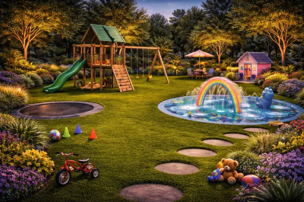 Outdoor kids play area with slide, swings, trampoline, toys, and a small water feature with rainbow fountain surrounded by landscaped garden