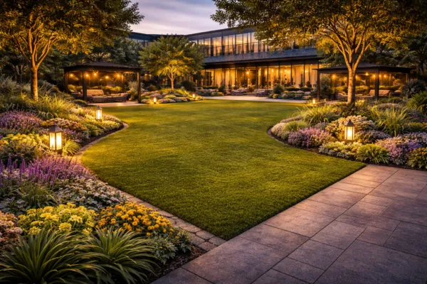 Large landscaped garden with curved lawn, pathway lighting, trees, and modern building in the background at night
